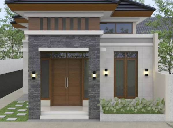 Pintu rumah dengan aksen pilar batu alam